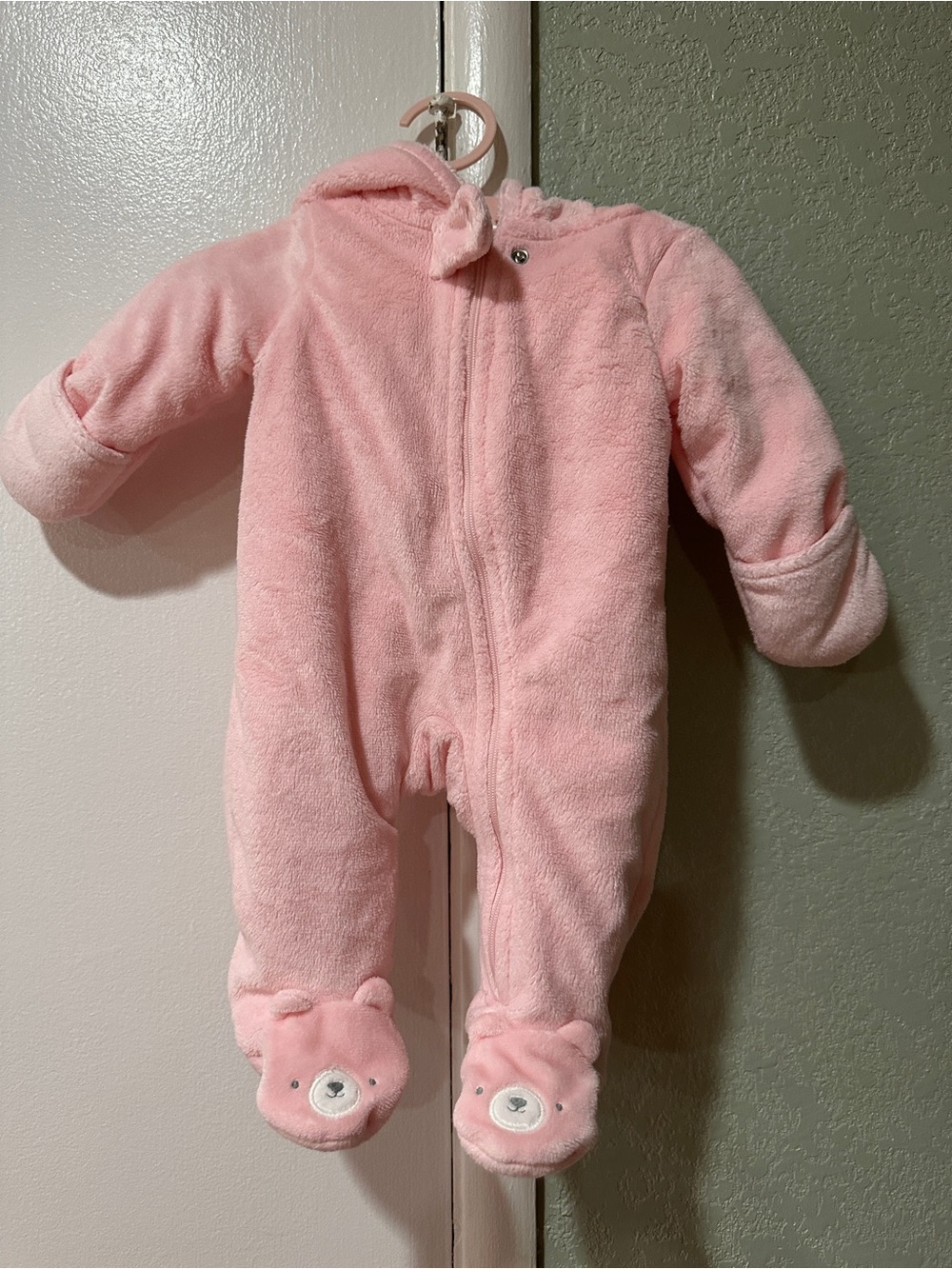 Carter's Pink Plush Hooded Baby Snowsuit with Bear Feet